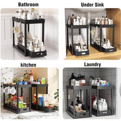 POUGNY 2 Pack Pull-Out Storage Organizers, Under Sink Organizer and Storage for Bathroom & Kitchen,Multi-Purpose Under Cabinet Organizers and storage Black