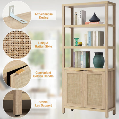SICOTAS Bookshelf 5 Tier Book Shelf Rattan Boho 71" Tall Bookcase with Doors Storage Shelves Large Bookshelves Farmhouse Bookcases Library Book Case for Living Room Bedroom Home Office Kitchen