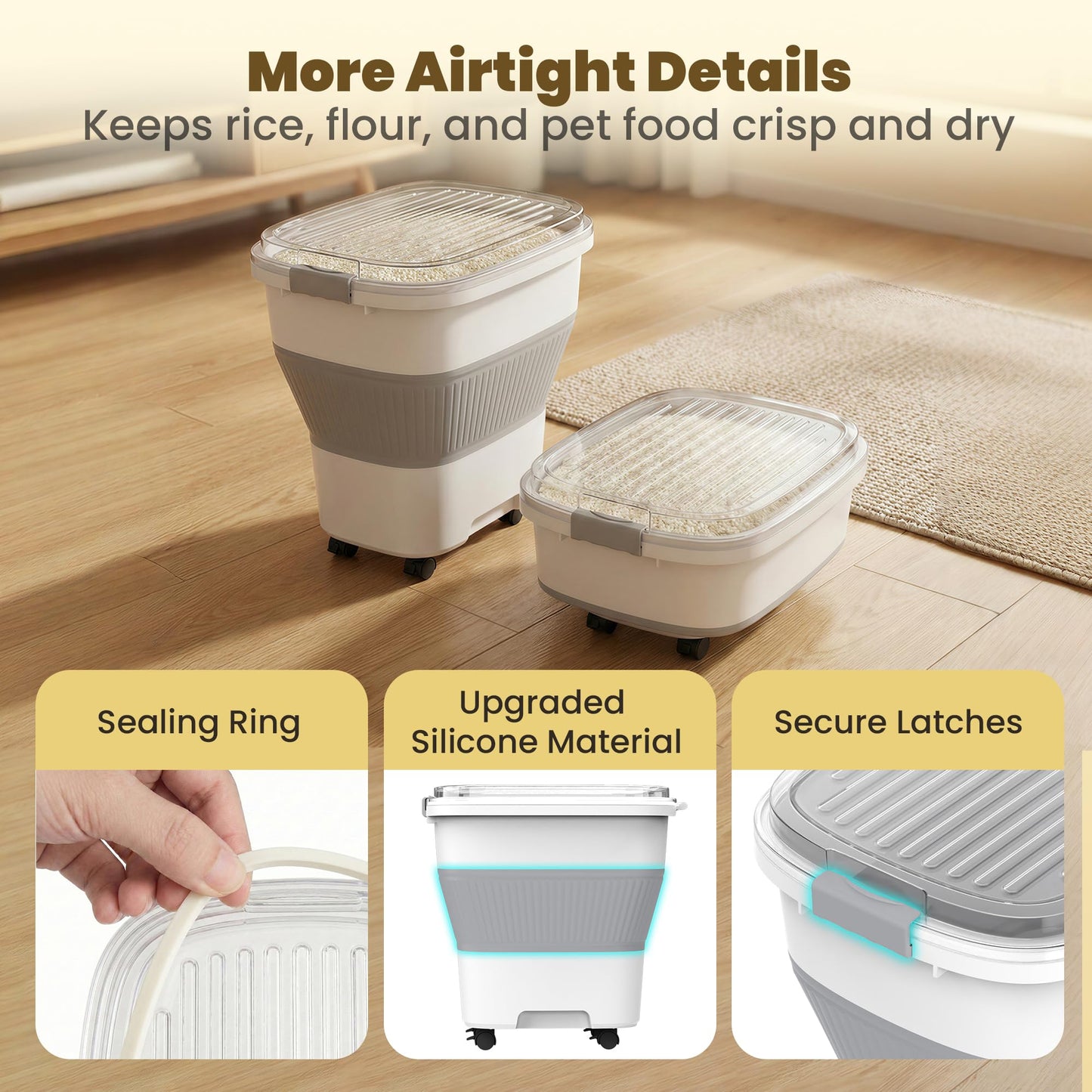 HOYTAMDAR 20-50Lbs Rice Container,Collapsible Food Storage Containers with Airtight Clear Lid,Wheels,Rice Storage Container with Small Bin and Scoop,Rice Dispenser for Flour Sugar Cereal Grain Dog Cat