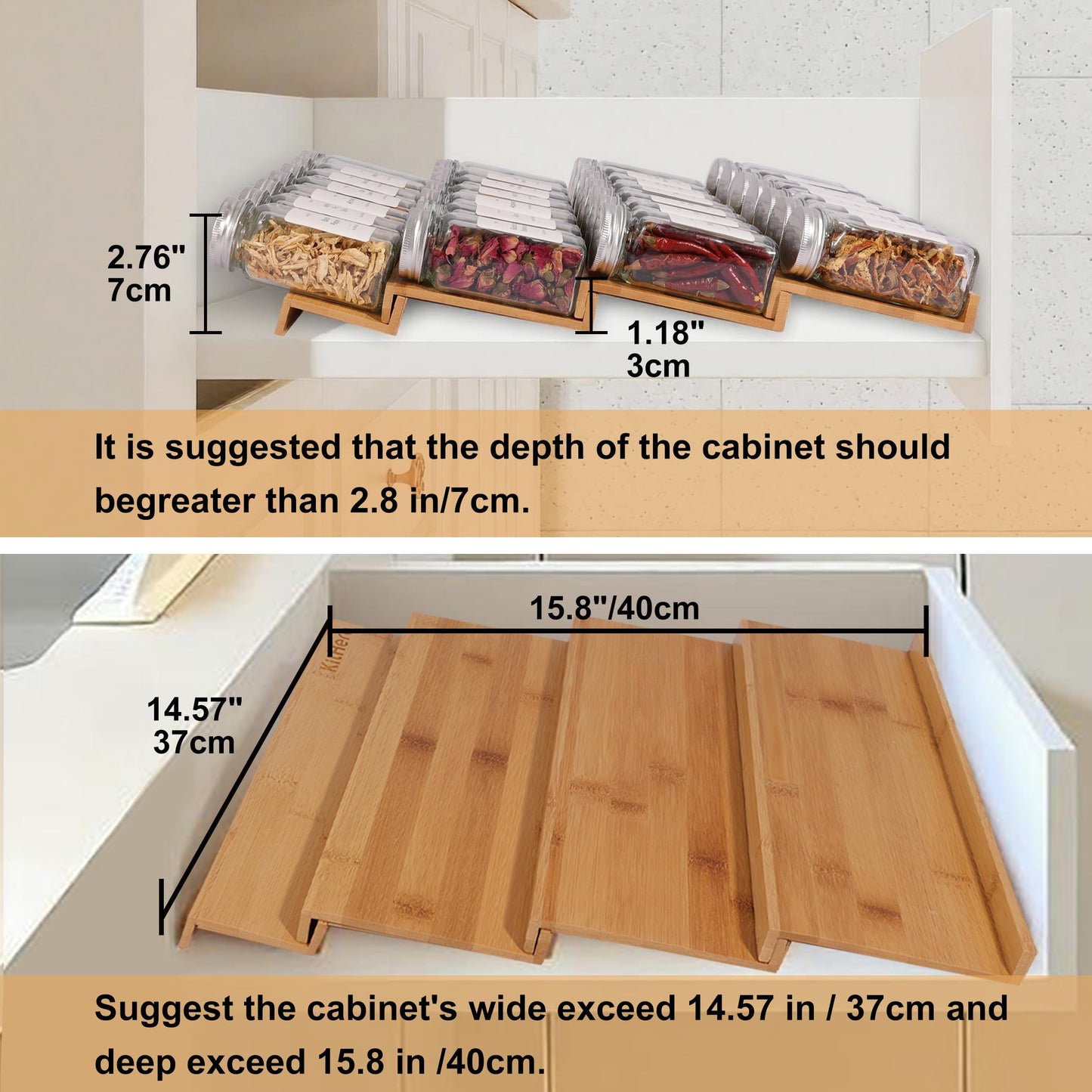 KitHero Spice Drawer Organzier,4 Tiers Bamboo Spice Rack Tray Insert for Cabinet Drawer Countertop, Kitchen Seasoning Storage Drawer Organization,14.57" Wide x 15.8" Deep （Hold UP To 32 Jars
