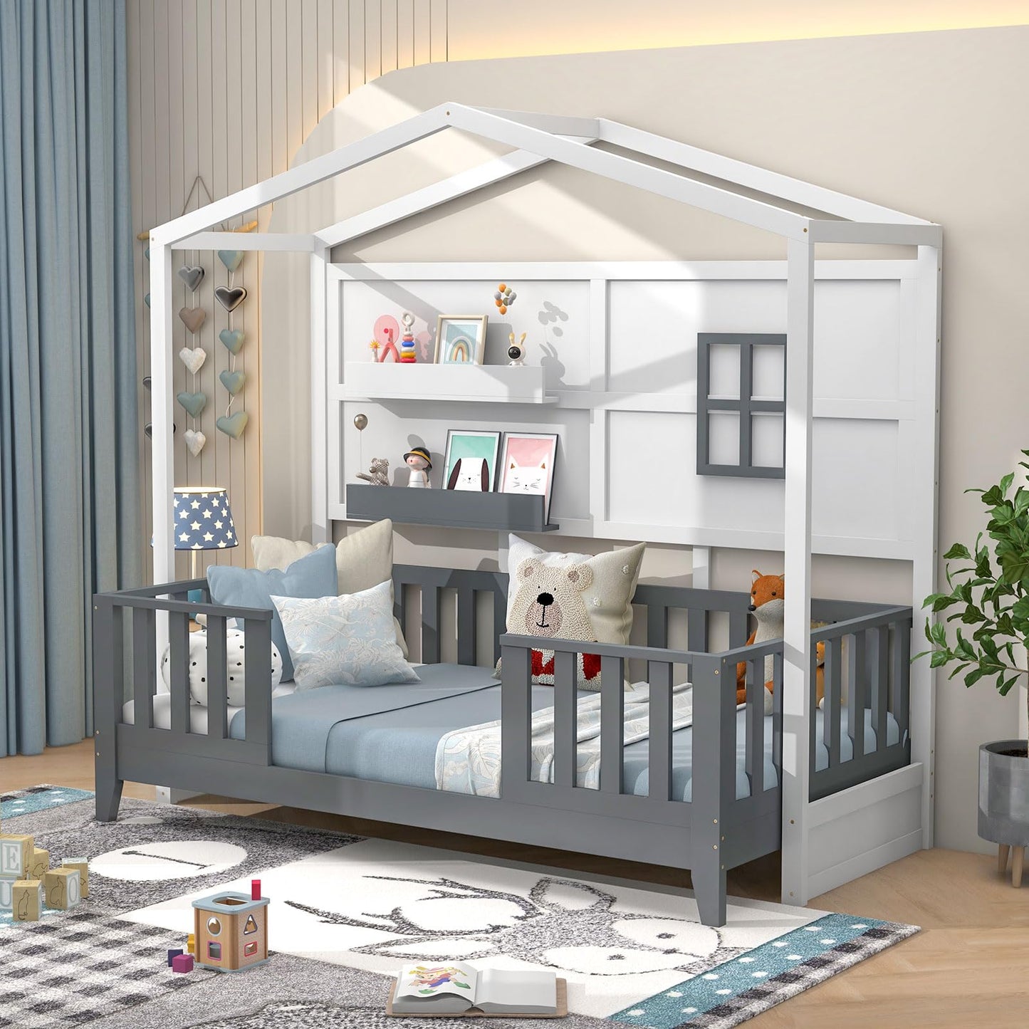 Giantex Twin House Bed, Solid Wood Montessori Bed Frame with 2 Storage Shelves, Fence & House Roof, Wood Slat Support, Low Twin Bed Frame for Kids Teens Girls Boys, No Box Spring Needed, White & Grey
