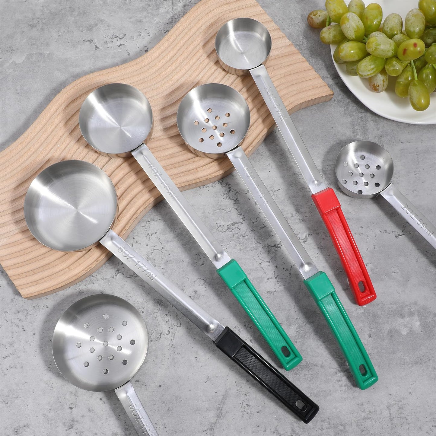 Kifmurase 6Pcs Portion Control Serving Spoons, Portion Scoops Cups Solid and Slotted Stainless Steel Ladle Spoon for Food, Measuring Serving Utensils for Restaurants (6OZ, 4OZ, 2OZ)