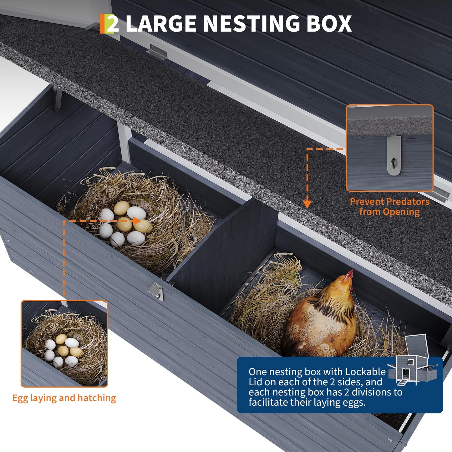 GarveeTech Wooden Chicken Coop with Nesting Boxes & Lockable Doors, Outdoor Chicken House, Weatherproof Roof Pet Cage for Guinea Pig, Rabbit, Duck - 62.2x38.6x38.6 in