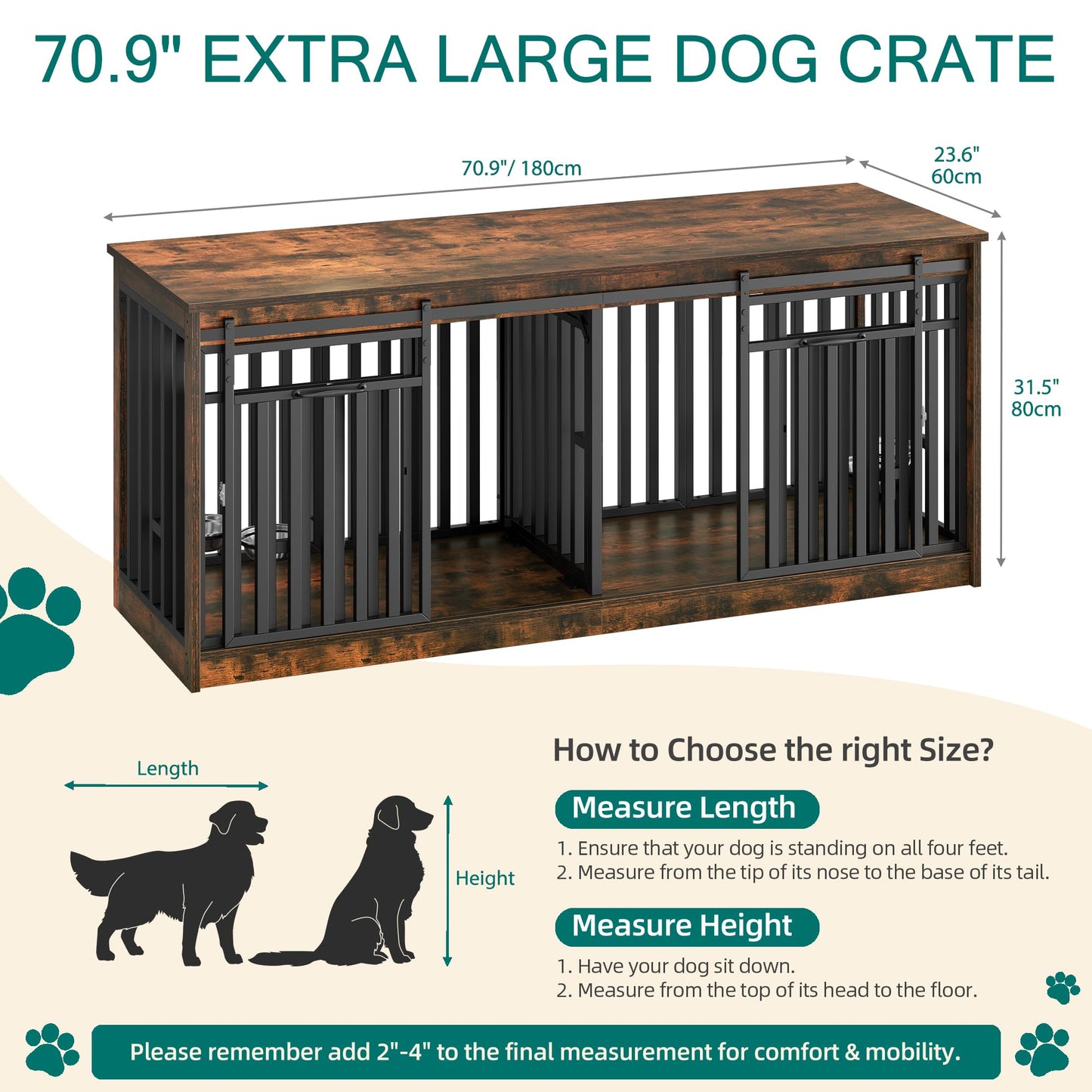 YITAHOME 71" Double Dog Crate Furniture with 4 Dog Bowls, Heavy Duty Wooden Dog Crate TV Stand, Dog Kennel Indoor Furniture Sliding Barn Door Design for Extra Large Dogs, Rustic Brown