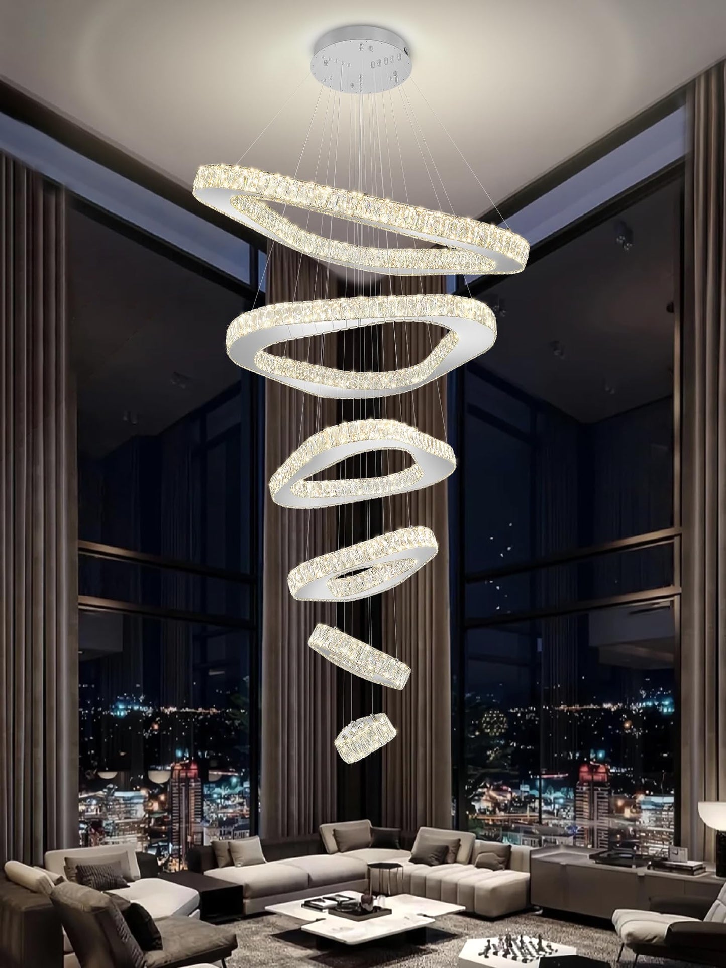 ykolupty H138 Modern Large Chandelier for High Ceiling 6-Rings Chandelier with LED Dimmable Crystal Ring Pendant Light High Ceiling Chandeliers for Living Room Foyer Entryway Silver Hanging Light