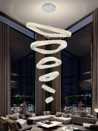 ykolupty H138 Modern Large Chandelier for High Ceiling 6-Rings Chandelier with LED Dimmable Crystal Ring Pendant Light High Ceiling Chandeliers for Living Room Foyer Entryway Silver Hanging Light