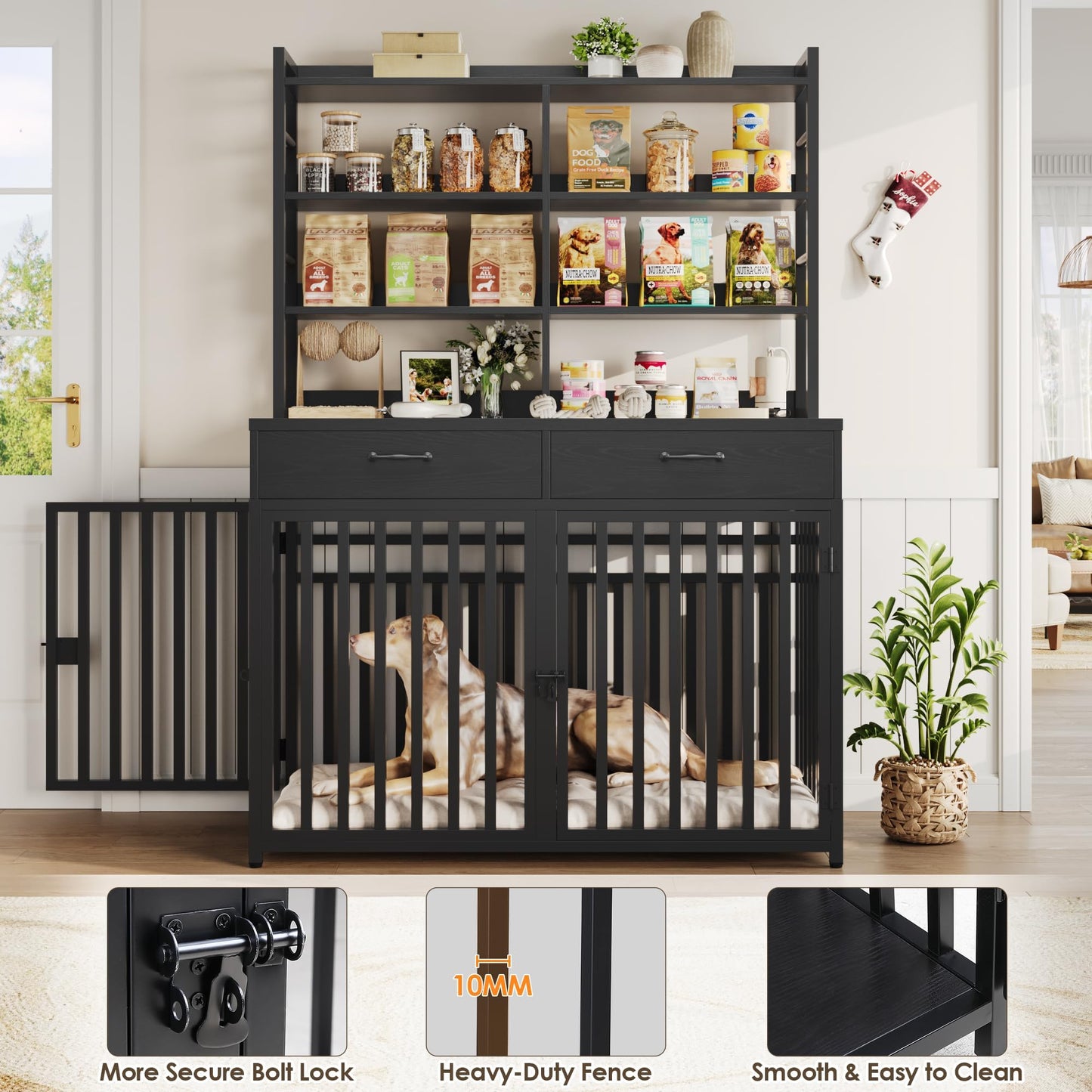 Keyluv 71''H x 47.2''W Large Dog Crate Furniture with 4-Tier Shelves and 2 Storage Drawers, Heavy Duty Dog Cage Furniture with 2 Doors, Wood & Metal Dog Kennel Indoor for Small/Medium/Large Dog, Black