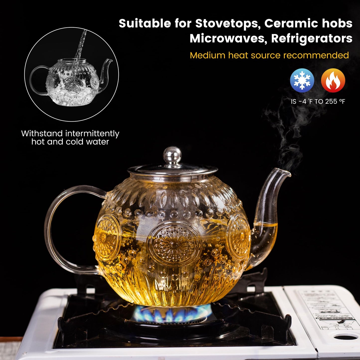 Amzcku 50OZ/1500ml Vintage Glass Teapot with Removable Infuser – Stovetop Safe, Borosilicate Glass Tea Kettle for Blooming & Loose Leaf Tea