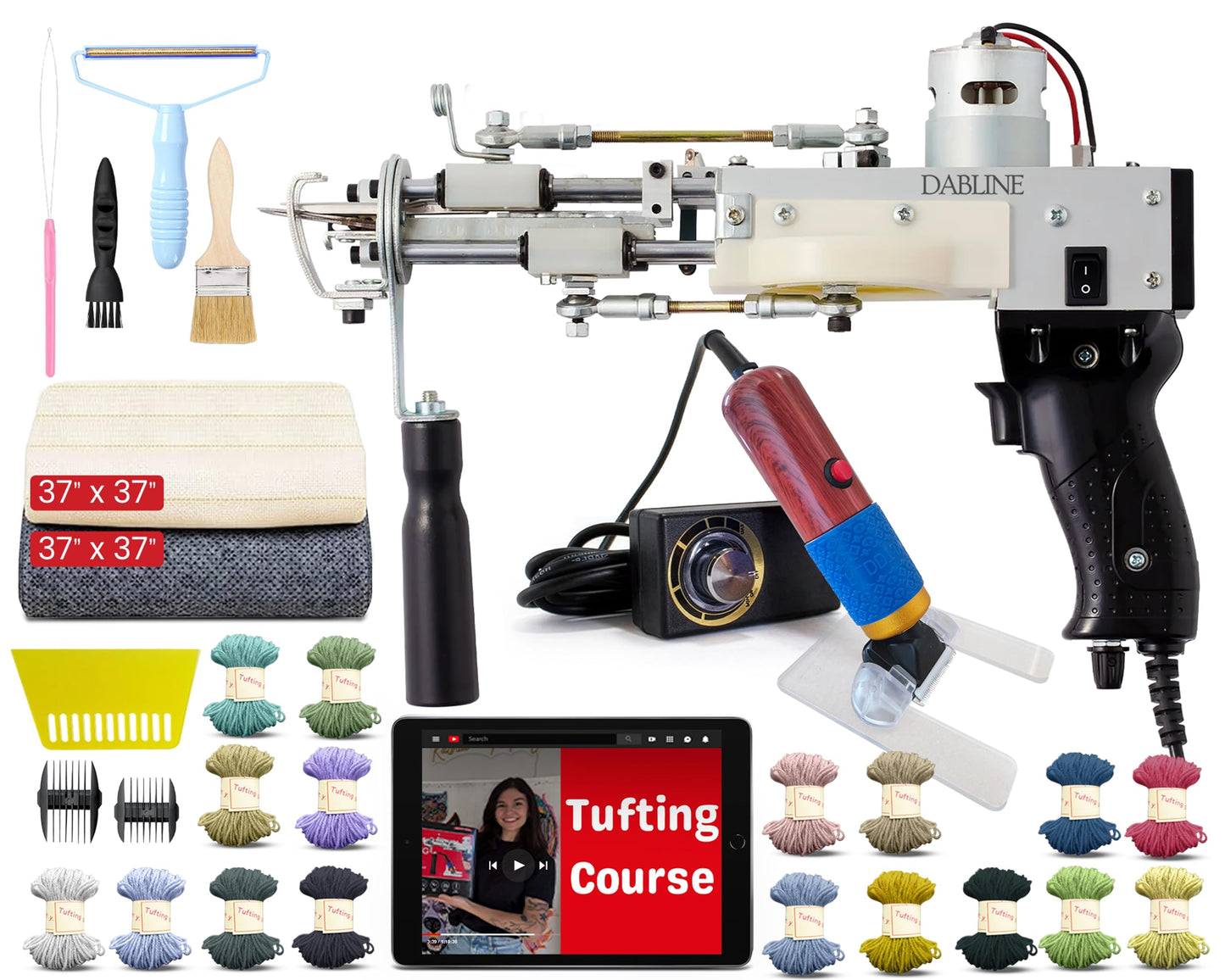 Dabline Rug Tufting Kit – Rug Making Kit with 2-in-1 Cut & Loop Tufting Gun, Complete Tufting Kit, Cloth, Backing, Carpet Trimmer, 20 Color Yarns, Tools & Accessories for Rug Tufting Projects