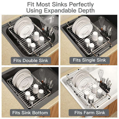 MAJALiS Dish Drying Rack Over The Sink, Expandable Stainless Steel Dish Drainer for Small Kitchen Counter Space Saving, RV Compact Plate Strainer In Silver Metal with Hanging Adjustable Utensil Holder