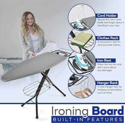 BKTD Extra-Wide Ironing Board - 48"×18" Large Surface with Built-in Clothes Rack & Adjustable Height - Black Grey