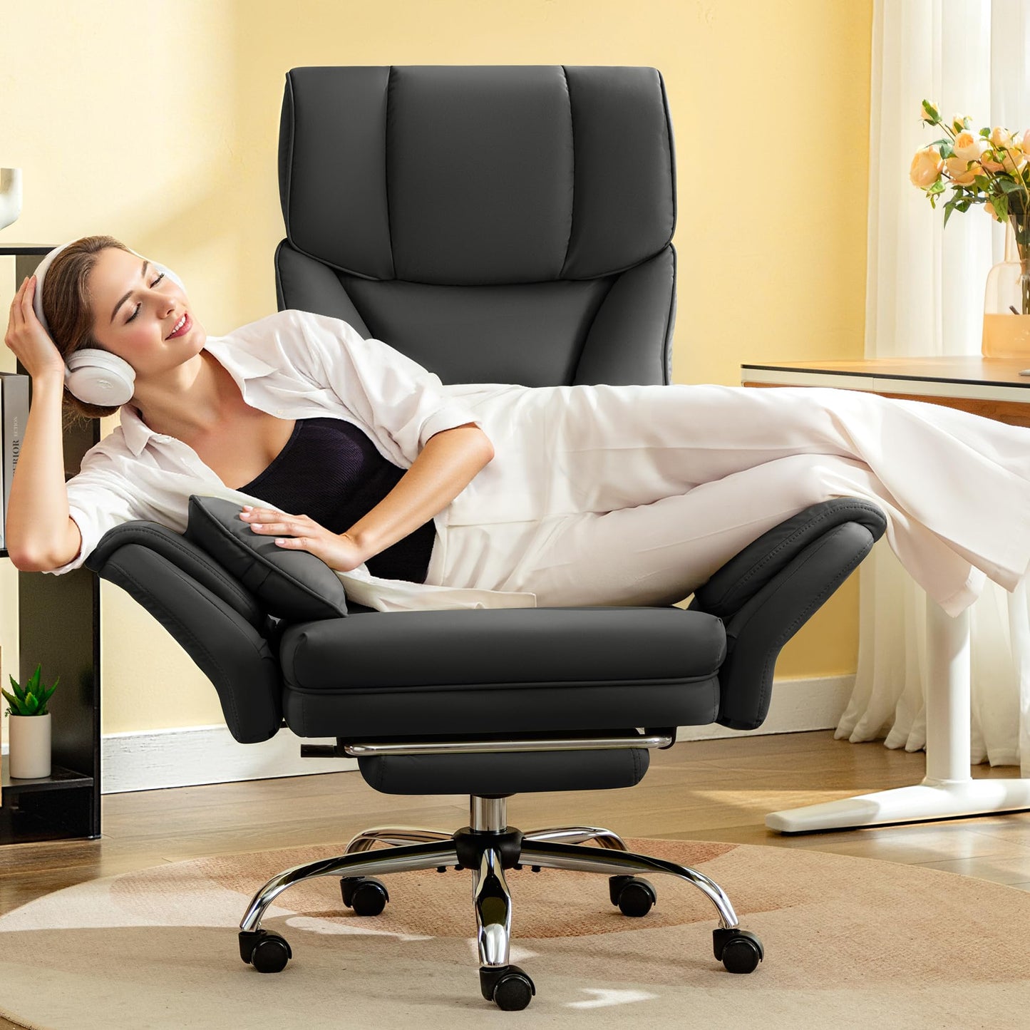 FelixKing Big and Tall Office Chair, 400LBS Wide Leather Executive Chair, Reversible Armrest for Pets Criss Cross Legged, 135° Reclining High Back Gaming Desk Chair with Lumbar Support Footrest, Black