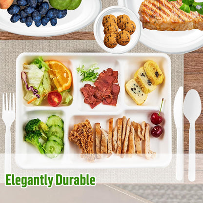 BEIDOU-PAC 5 Compartment Compostable Heavy Duty Disposable Paper Plates, 300 Count | 10.3" X 8.3" | Natural Bagasse, White Biodegradable Eco-Friendly School Lunch, Buffet, Party Sugarcane Tray