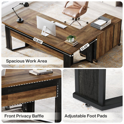 Tribesigns 70.86" Executive Desk with Mobile File Cabinet, Large L Shaped Computer Office Desk with 2 Drawers and Storage Shelves, Business Furniture Desk Workstation for Home Office (Rustic Brown)
