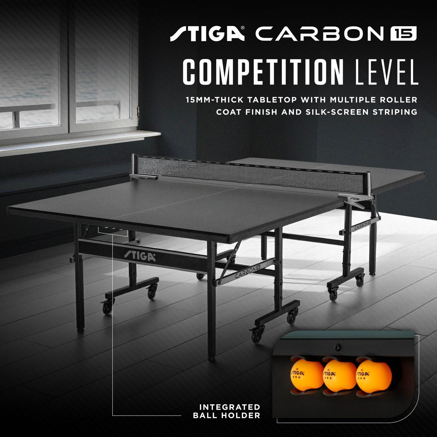 STIGA Carbon Series Indoor Ping Pong Tables with 15mm - 18mm Performance Top, QuickPlay Assembly, Built-in Ball Storage, Foldable Playback Mode & Lockable Casters