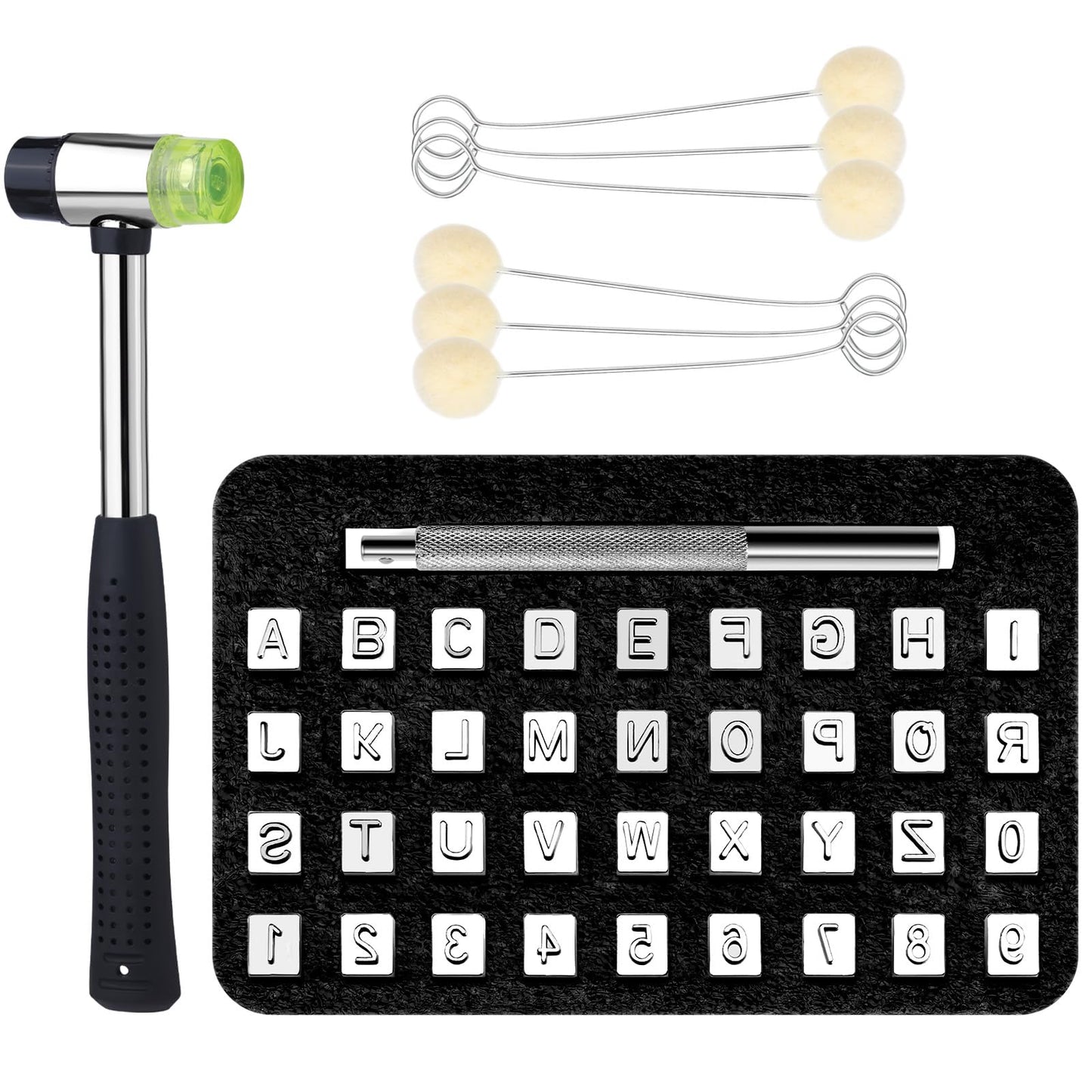 36 Pcs Leather Letter Stamping Kit, 6mm Leather Letter Stamps, Leather Stamping Tools, with 6 Wool Daubers Ball Brush Rubber Hammer for DIY Leather Crafts