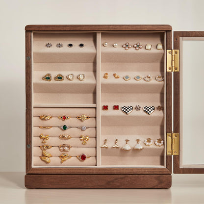 CHOSIN Black Walnut Wooden Jewelry Box, 360° Rotating Organizer with Glass Lid, 5 Drawers for Earrings, Rings, Necklaces – Vertical Jewelry Storage for Women, Ideal Gift for Her