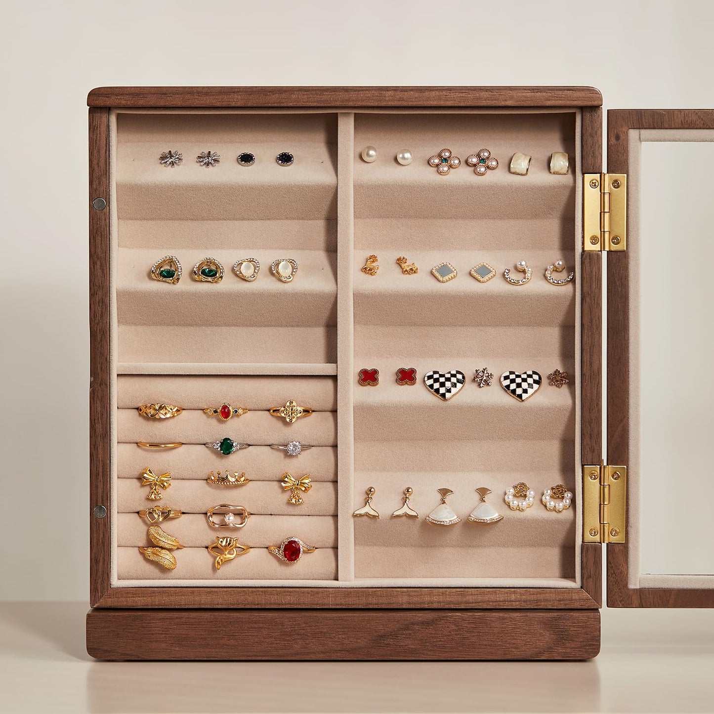 Homruilink Black Walnut Wooden Jewelry Box - 360° Rotating Jewelry Organizer for Women with 5 Drawers for Rings,Necklaces,Earrings and Bracelets -Large Storage Case - Ideal Gift