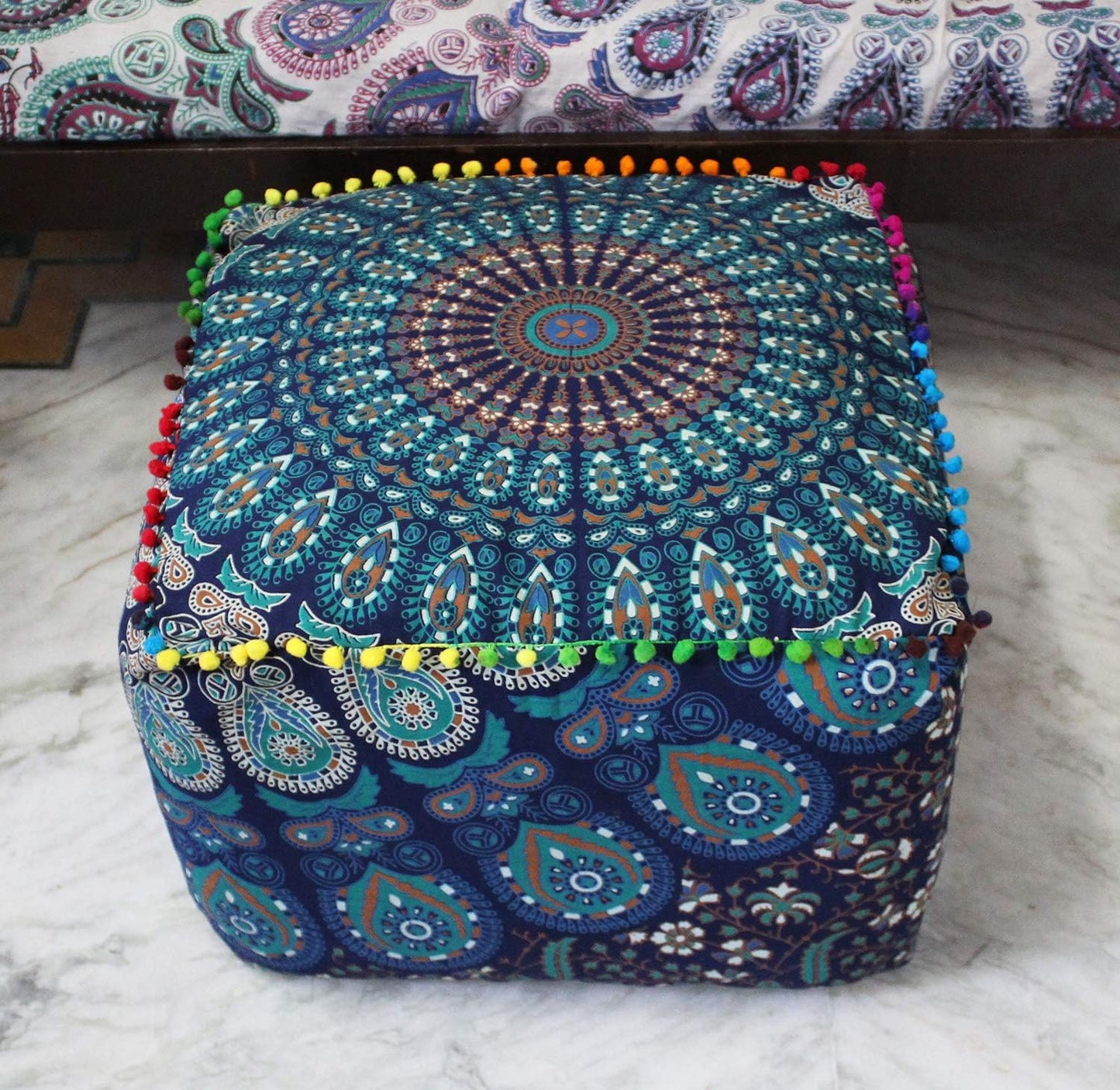 18X18X14 inches, CRAFT KALA Indian Square Patchwork Traditional Pouf Cover Indian Living Room Pom Poufs Cover