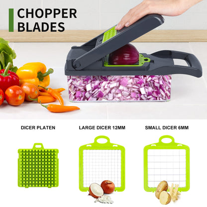 Vegetable Chopper Mandoline Slicer,Veggie Chopper, Multifunctional 10 in 1 Food Choppers, Kitchen Vegetable Slicer Dicer Cutter,Onion Mincer,Cheese,Colander Basket,Kitchen Gadgets (Gray/Green)