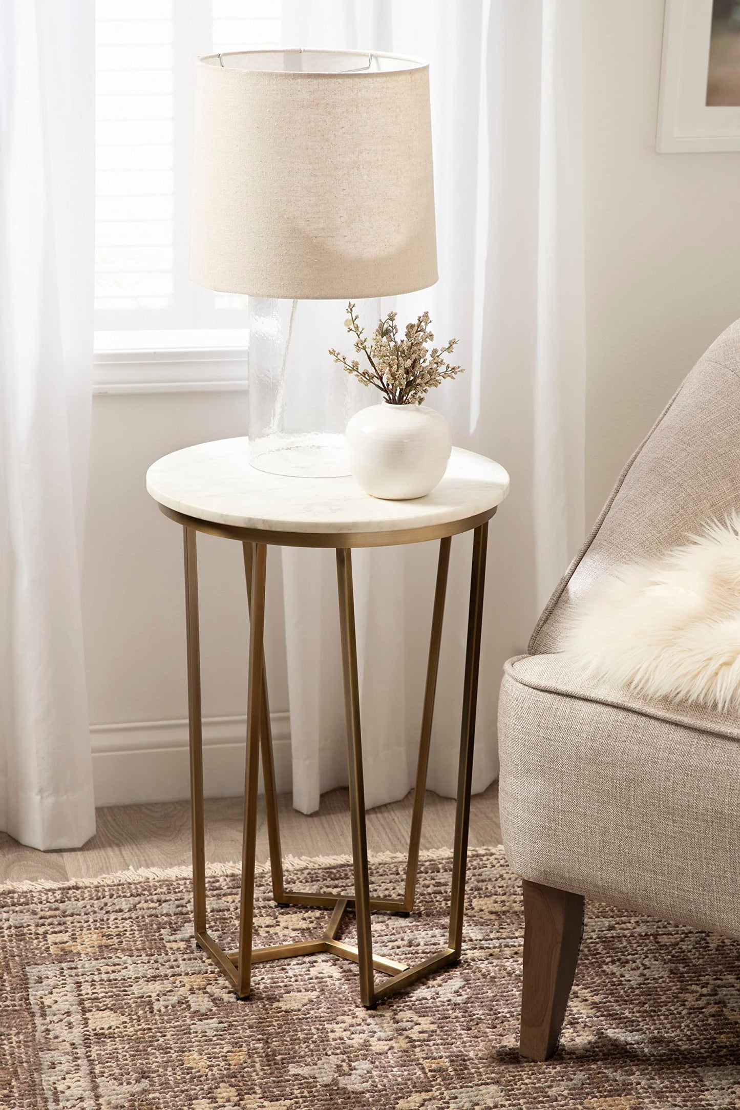 Kate and Laurel Solvay Round Metal and Marble Side Table; 16 x 16 x 24; White Marble and Antique Brass; Modern Glam Bedroom Nightstand Table with Premium Natural Marble Stone and Iron Base