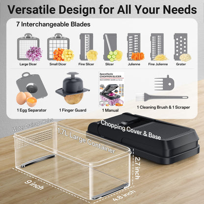 SpaceHacks 12-in-1 Vegetable Chopper, Kitchen Gadgets with 7 Blades, Veggie, Food, Onion Chopper, Cucumber Slicer, Versatile Mandoline, Includes Egg Separator & Finger Guard, Gray