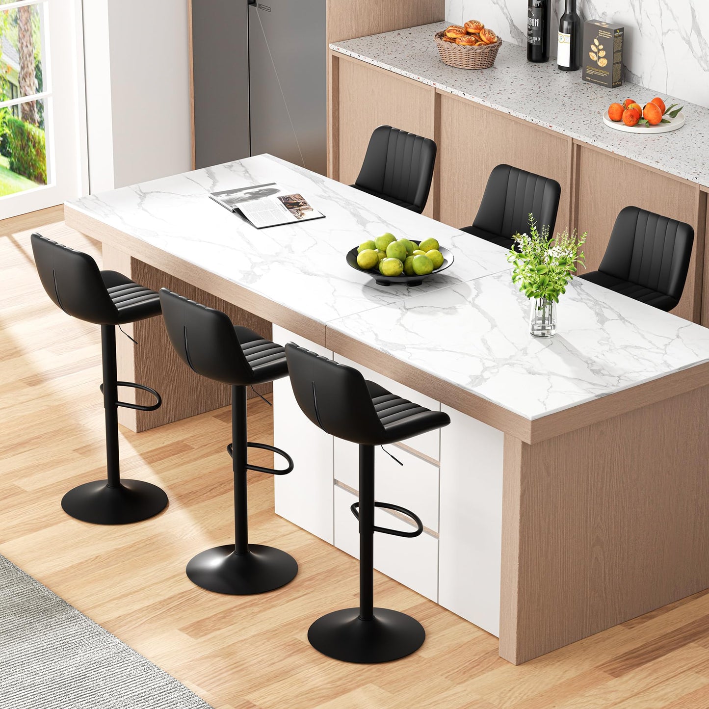 JAMFLY Modern Leather Bar Stools – Swivel & Height-Adjustable Bar Chairs with Footrest, Ergonomic Design for Kitchen Island, Home & Commercial Bar – Set of 6, Black