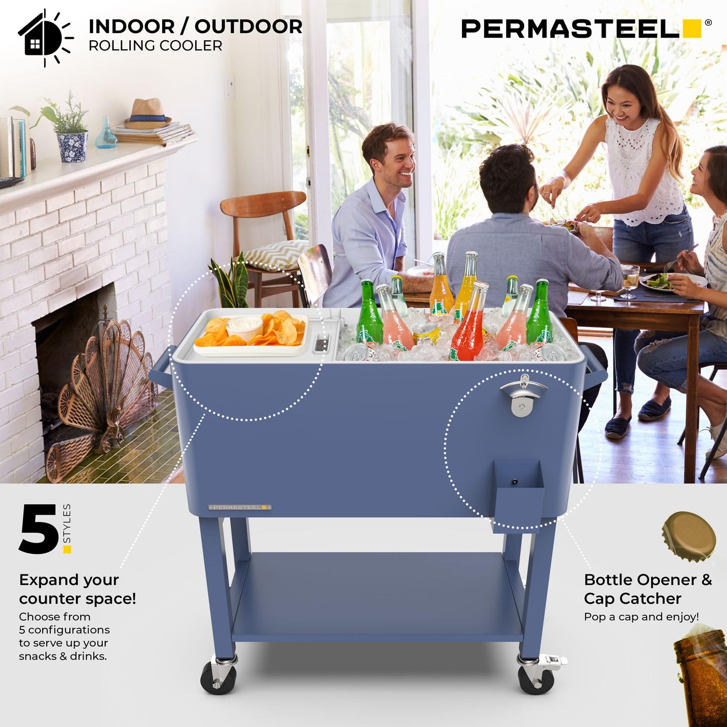 Permasteel Party Cooler with Divider, Removable Basin, Spacious 80-Qt Capacity, Chills 36hrs, Serving Tray, Rolling Ice Chest for Indoor & Outdoor, Matte Blue