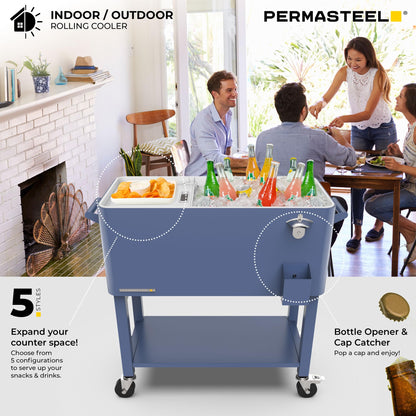 Permasteel Party Cooler with Divider, Removable Basin, Spacious 80-Qt Capacity, Chills 36hrs, Serving Tray, Rolling Ice Chest for Indoor & Outdoor, Matte Blue