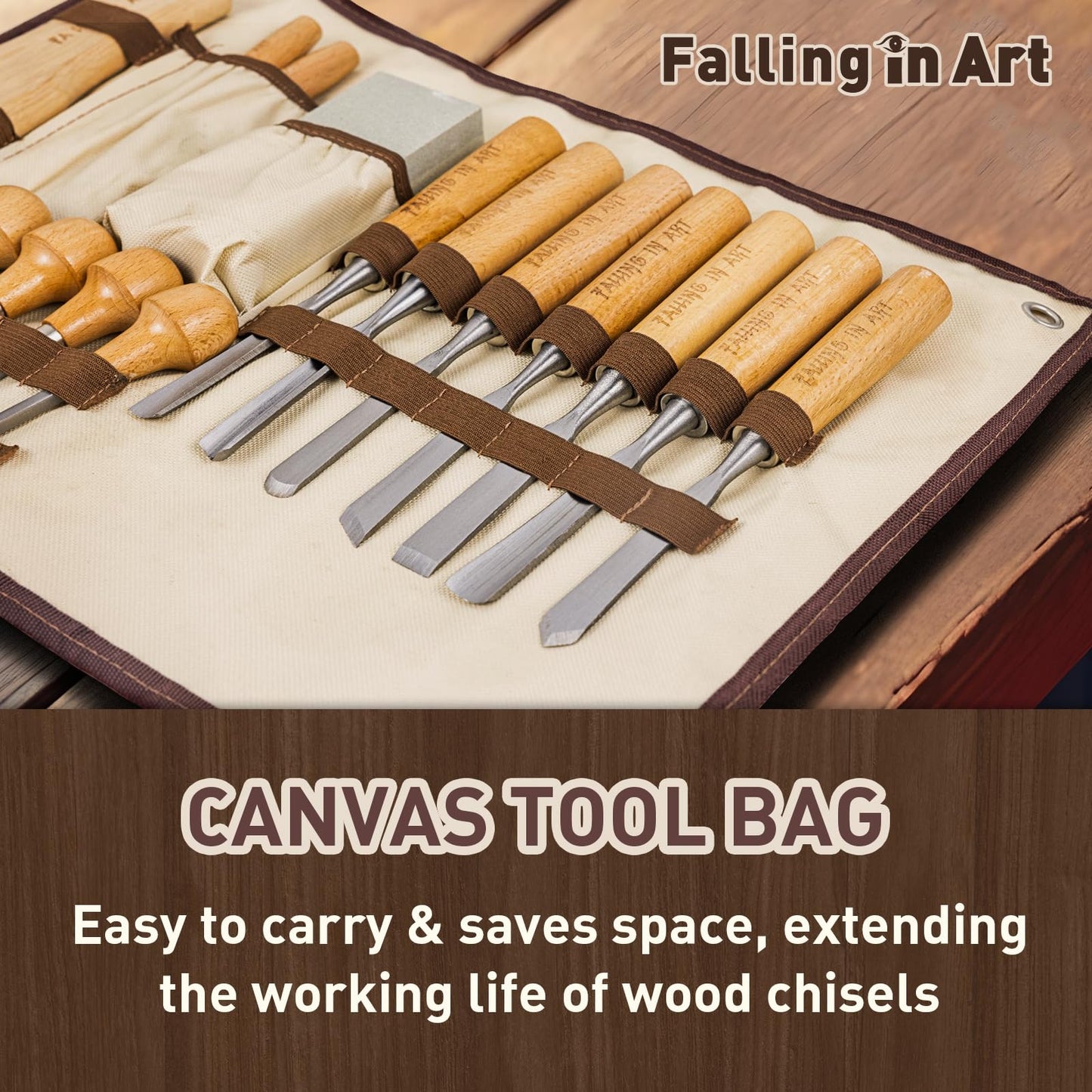 Falling in Art 16 Pcs Wood Carving Tools, Professional Carving Knives Chisel Set, Including Sharpening Stone, Mallet and Storage Bag for Wood Carving Projects
