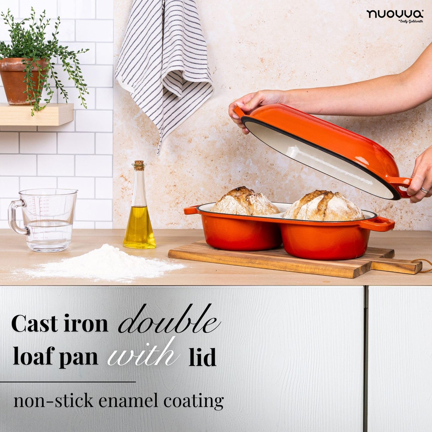 Dutch Oven For Sourdough Bread Baking – Enamelled Cast Iron Bread Loaf Pot – 500°F Oven Safe Non Stick Bread Pot – Double Round Loaf Space, 16.5cm Diameter, Orange, – by Nuovva