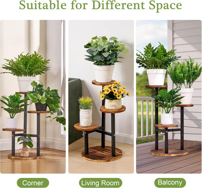 3 VECELO Tier Plant Stand Indoor Outdoor, Tall Metal Wood Flower Shelf for Multiple Plants, Small Tiered Round Corner