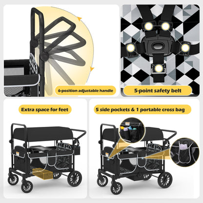 Xilingol 4-Seater Wagon Stroller for Kids, Foldable Outdoor Wagon with Canopy, Adjustable Handle, 5-Point Harness, Detachable Tray & Carry Bag (Black)