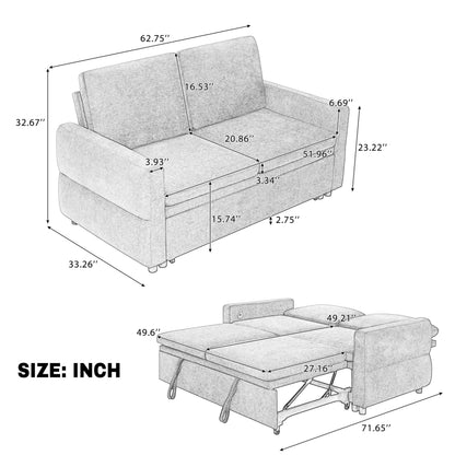 Convertible Sofa Bed Loveseat with Adjustable Backrest, Chenille Sleeper Couch with USB Ports, 3 Position Reclining Sofa Bed for Small Spaces Apartment Guest Room, Modern Compact Furniture, Grey