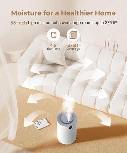Abolee Humidifiers for Plants 4.5L Cool Mist with Essential Oil Diffuser, Humidifier Large Room, 24dB Quiet Air Humificador fit Baby Nursery & Bedroom, 360° Adjustable, Easy Fill & Cleaning (White)