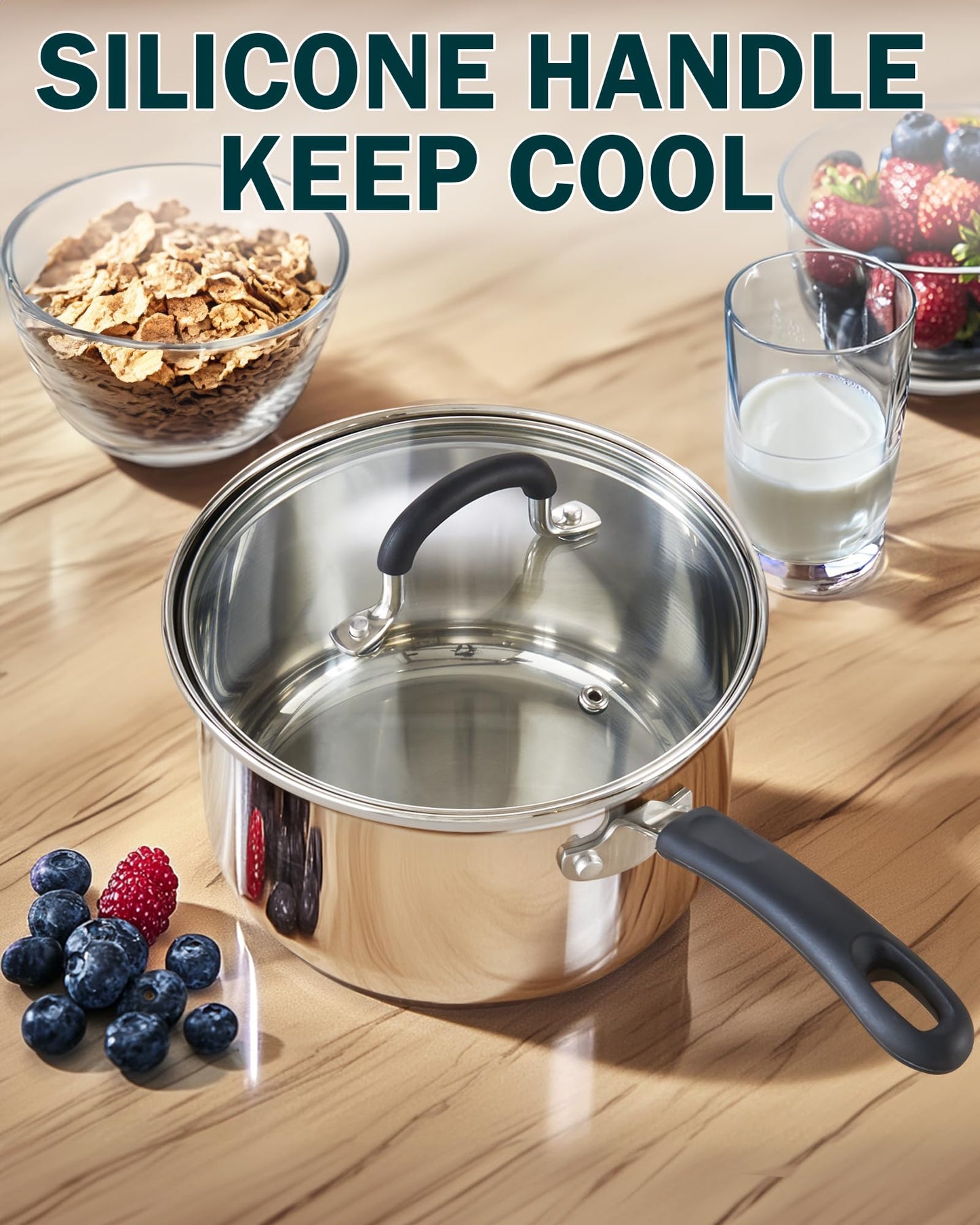 Cook N Home 02655 Professional Double Boiler Saucepan 2-Quart, 18-10 Stainless Steel Steam Melting Pot for Butter Chocolate Cheese, Tempered Glass Lid, Silver