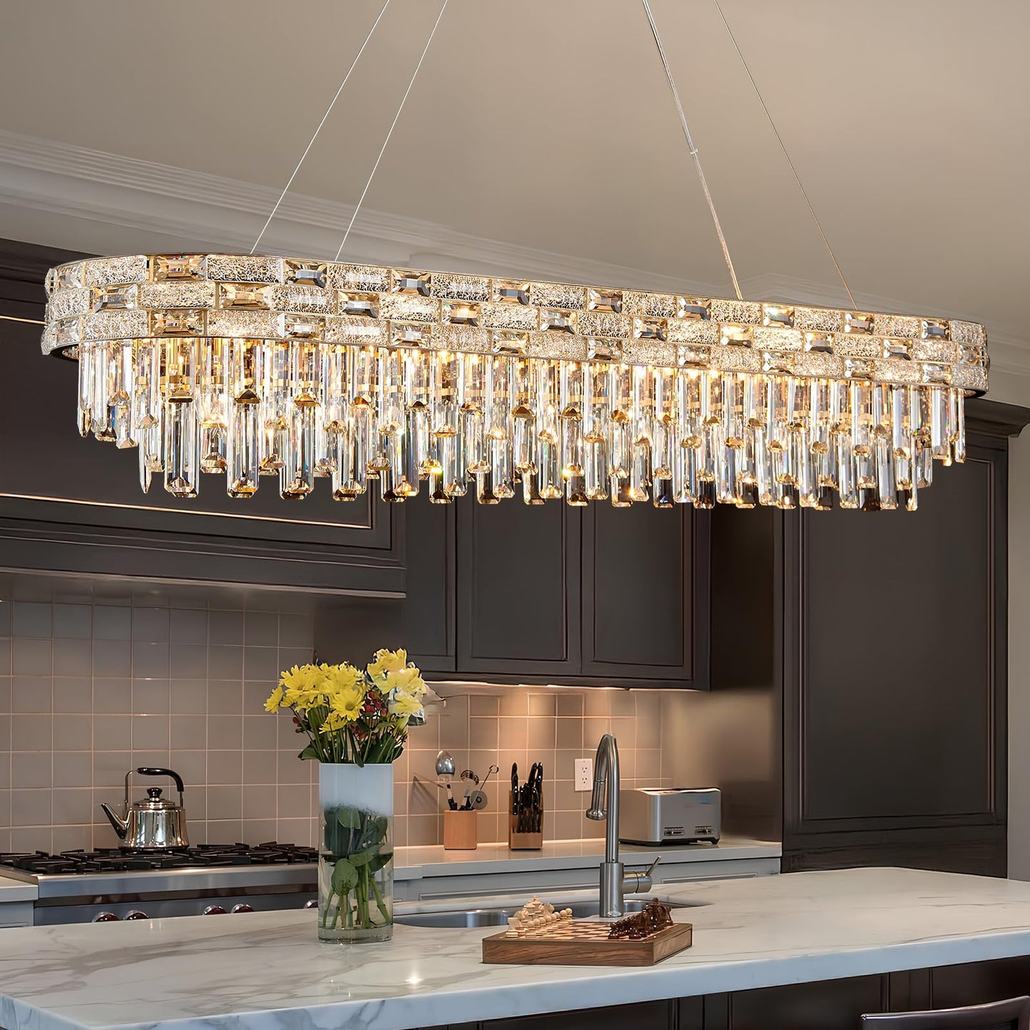 SHAOCHIAO 50" Gold Modern Crystal Chandelier, 18-Light Gold Chandelier Light Fixture Luxury Rectangular Large Pendant Ceiling Light Fixture for Dining Living Room Kitchen Island Bar