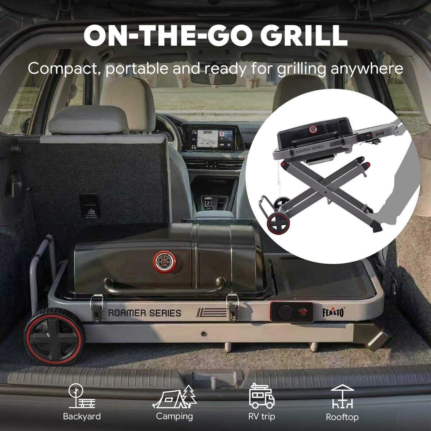 Feasto Propane Gas Grill with Foldable Cart & Heavy-Duty Build, All-Terrain Large Wheels for Easy Moving, BBQ Grill for Outdoor Cooking, Backyard, Camping & Tailgating