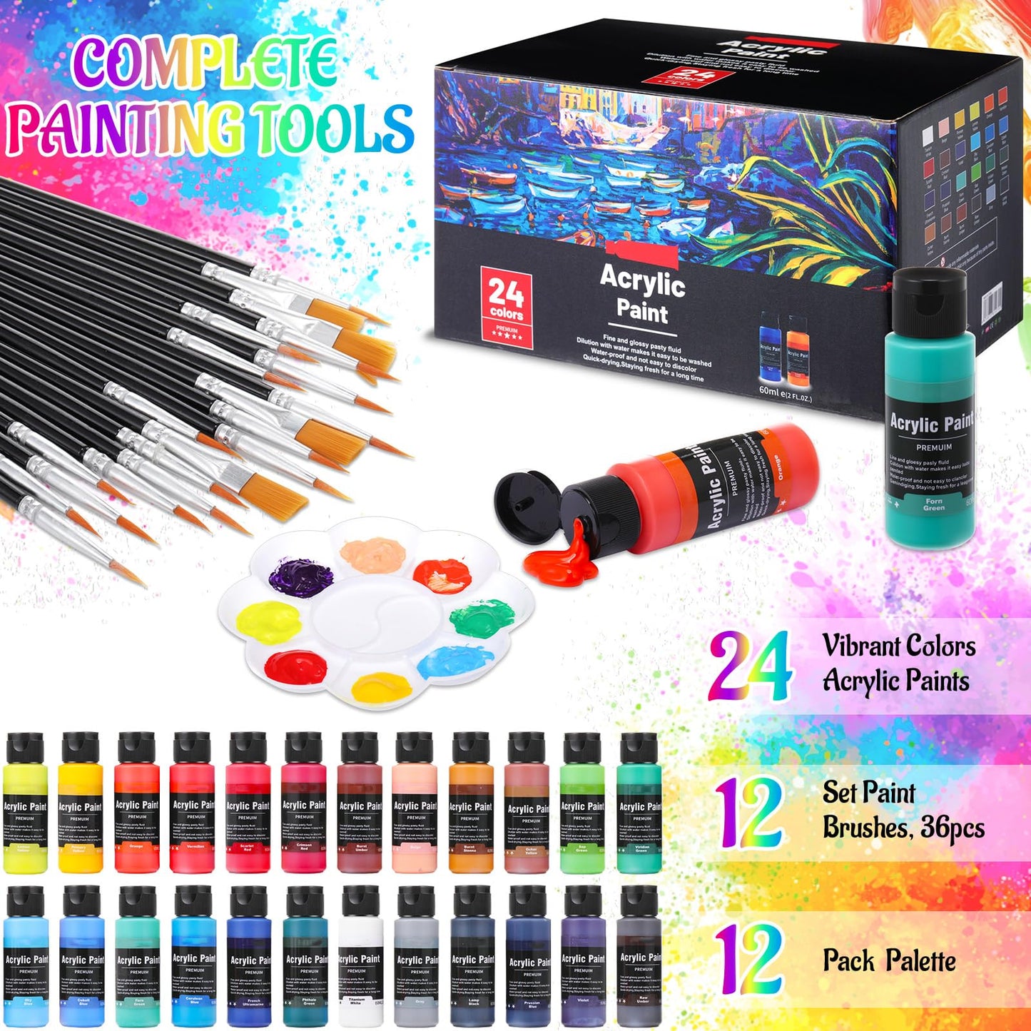 AmazingSpark 12 Set Paint and Sip Kit for Adults 8"x 10" Pre Drawn Canvas for Painting DlY Acrylic Paint Set with Brushes, 24 Colors(60ml, 2oz) for Date Night Party Supplies(Butterfly)