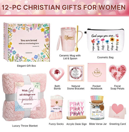 Christian Gifts for Women Faith, Religious Inspirational Catholic Encouragement Gift Sets, Unique Spiritual Christmas Birthday Gift Basket for Her Mom Grandma Sister Aunt Teacher Friend Wife w/Blanket