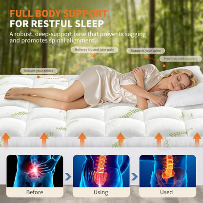 Sweetcrispy Ultra Soft Mattress Topper - Queen Size Bamboo Viscose Pillow Top for Cooling Comfort & Back Pain Relief, Green