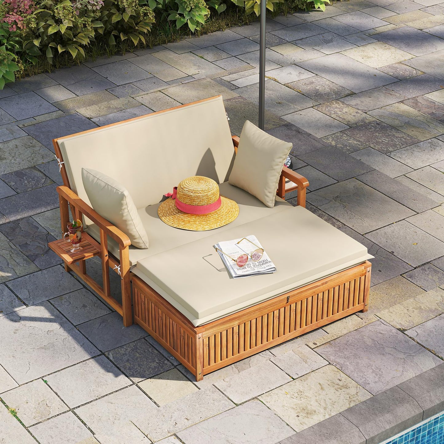 LDAILY Moccha Acacia Wood Outdoor Daybed - Wooden Loveseat Sofa with 4-Level Backrest, Storage Ottoman, Cushions, Outside Sunbed, Double Bed Lounger for Backyard Porch Pool Patio Furniture Set