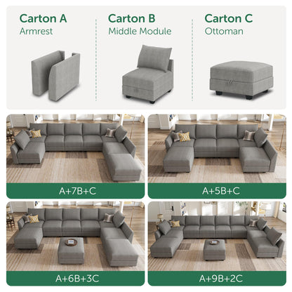 HONBAY Modular Sectional Sofa with Storage Modular Sleeper Sectional Sofa Oversized Sectional Couch for Living Room, Grey