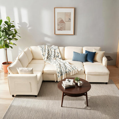 Modular Sectional Sleeper Sofa with Pull Out Bed, 116" Large U Shaped 7 Seater Sectional Couches with Ottoman, Charging Port & Foldable Side Table, Comfy Chenille Cloud Sofas for Living Room, Beige