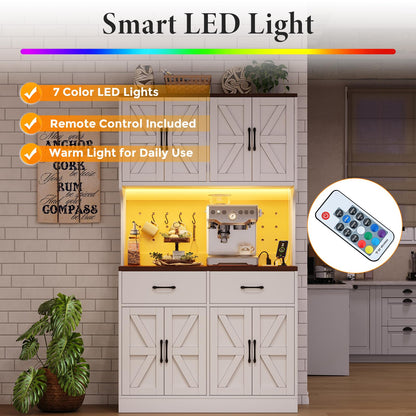 VK·LIVING 71" Kitchen Pantry Cabinet with LED Light & Charging Station, Farmhouse Storage Cabinet with Adjustable Shelves & 2 Drawers, Large Kitchen Pantry with Coffee Bar, White