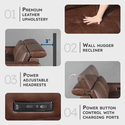 Lexicon Sectional Couches for Living Room-Modular Sectional Sofa, Power Double Reclining Loveseat, Power Headrests, Charging Ports, 2 Seater Recliner Couch, Top Grain Leather Brown