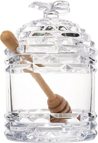 14oz Crystal Bee Honey Dish Jar with Dipper and Lid Elegant Glass Beehive Honey Pot for Rosh Hashanah, Holidays