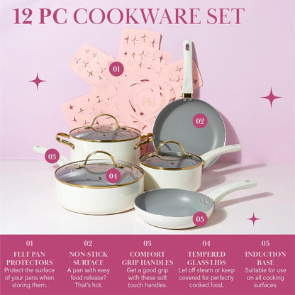 Paris Hilton Epic Nonstick Pots and Pans Set, Multi-layer Nonstick Coating, Tempered Glass Lids, Soft Touch, Stay Cool Handles, Made without PFOA, Dishwasher Safe Cookware Set, 12-Piece, Cream