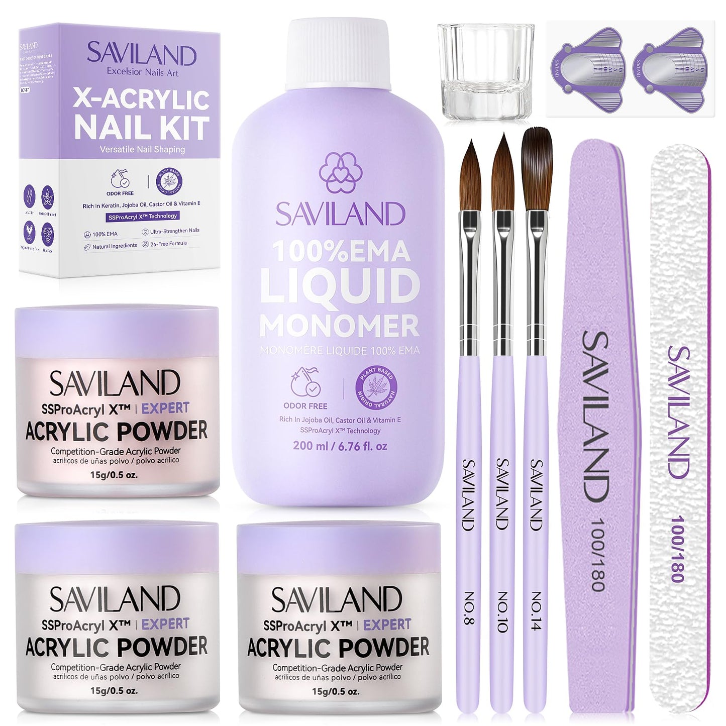 SAVILAND Essentials Acrylic Nail Kit Starter: Acrylic Nail Kit for Beginners with Everything White Pink Clear Acrylic Powder and Liquid Set #8/10/14 Nail Brush Forms Manicure Tools Home Nail Salon DIY