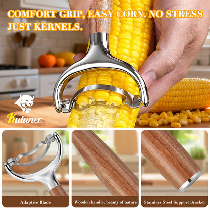 KULUNER Durable Stainless Steel Corn Peeler with Polished Wood Handle Corn on the Cob Stripper Kernel Remover Easy Use Corn Kernel Cutter Kitchen Gadget（Rosewood）